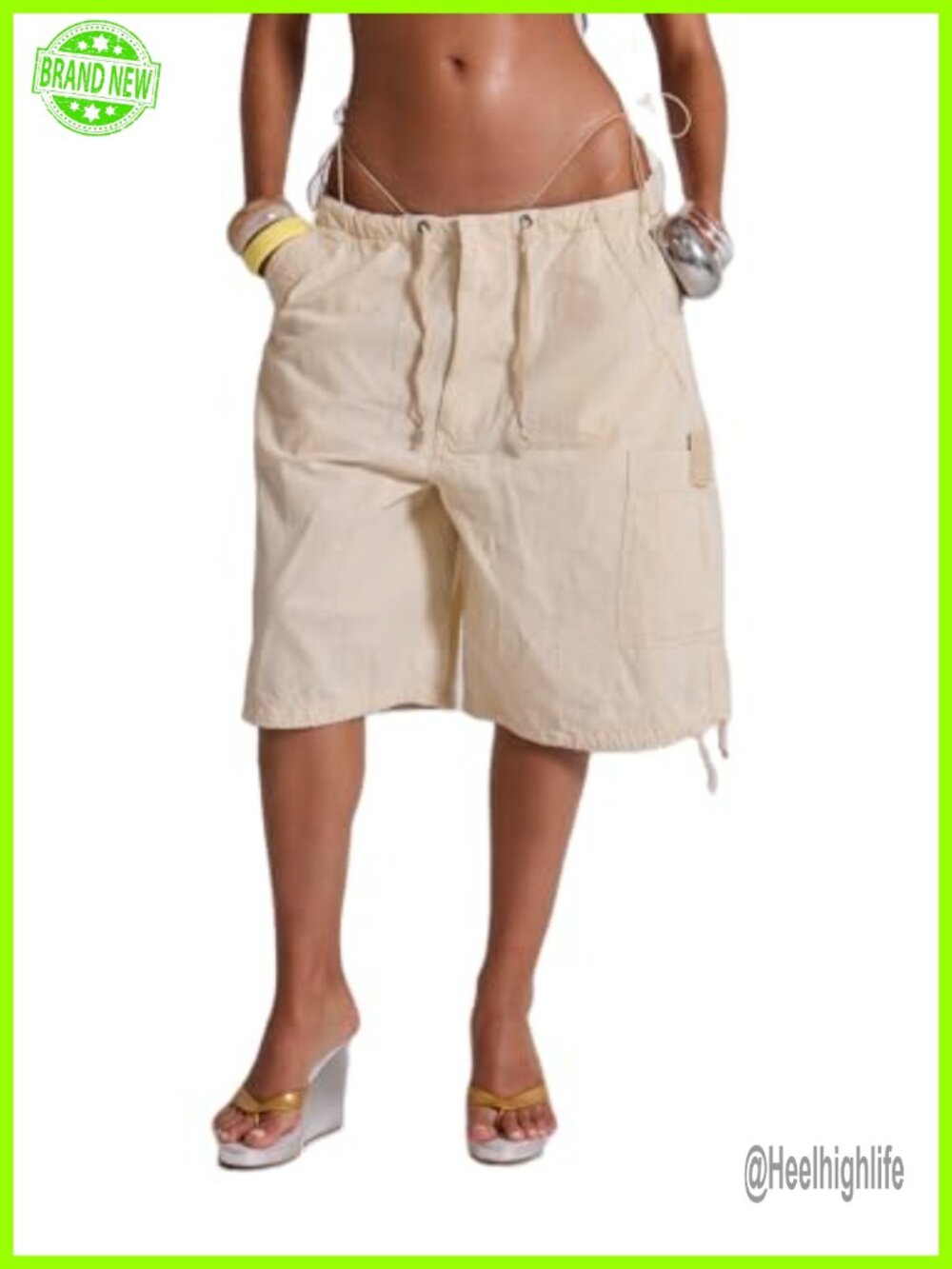 Polyester Blend Baggy Cargo Jean Shorts Drawstring Wide Leg Bermuda Jorts